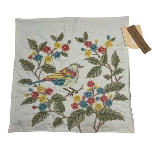 The Home Throw Pillow Covers Floral Birds 18x18 Embroidered Textured Cotton - Picture 1 of 12